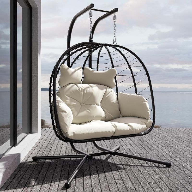 Photo 1 of ***MISSING ASSEMBLY ACCESSORIES*** Double Indoor/Outdoor Wicker Swing Egg Chair Hammock Foldable Hanging Loveseat with Stand, UV Resistant Removable Cushions, 700LB Capacity for Bedroom, Balcony, Garden (Black and Beige)
