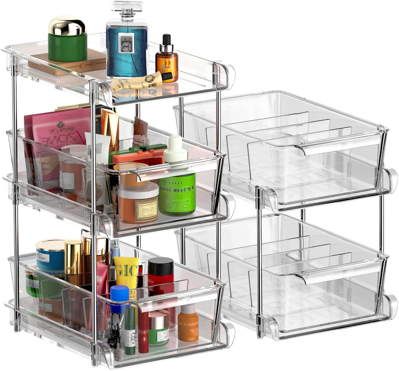 Photo 1 of 2 Sets of 2-Tier Clear Under Sink Organizers and Storage, Multi-Purpose Stackable Bathroom Cabinet organizers, Pull Out Kitchen Pantry Organization and Storage with Dividers
