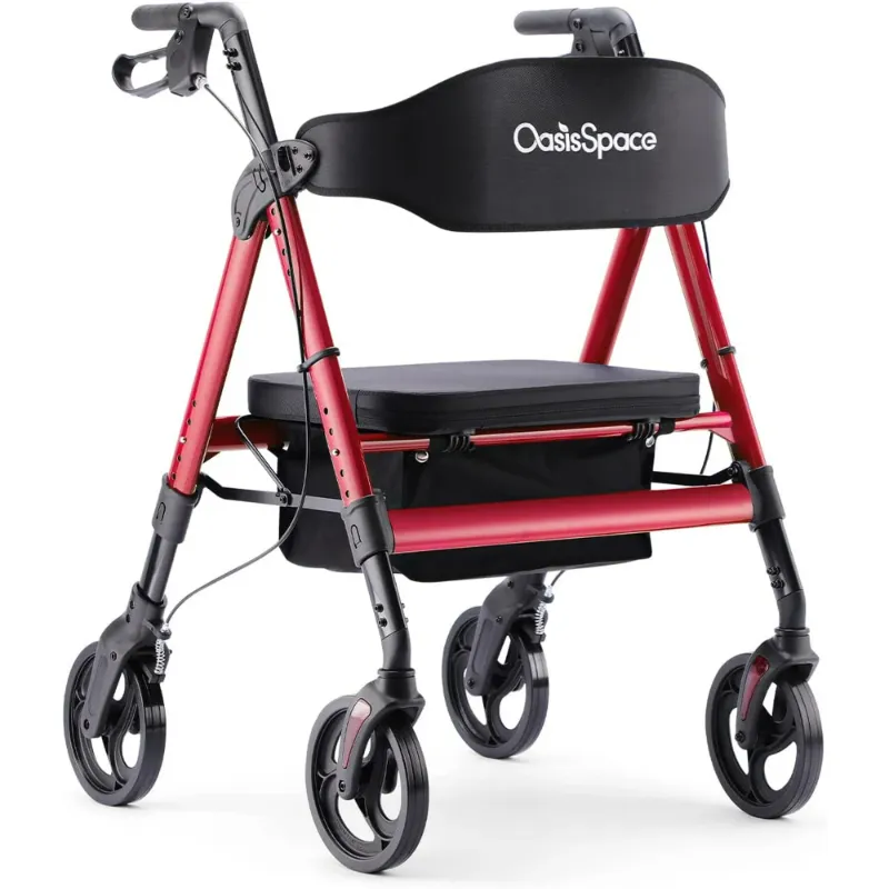 Photo 1 of OasisSpace Heavy Duty Rollator Walker - Bariatric Rollator Walker with Large Seat for Seniors Support up to 500 lbs (Red)
