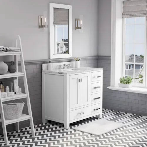 Photo 1 of Madison 36" Carrara White Marble Countertop Bath Vanity with Faucet and Mirror
