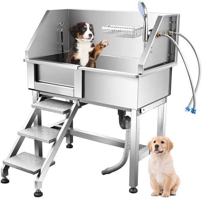 Photo 1 of 34'' Dog Washing Station,Dog Grooming Tub Stainless Steel Dog Washing Station for Small Pets, Dog Bathtub with Faucet Walk-in ramp and Accessories (Left Door)