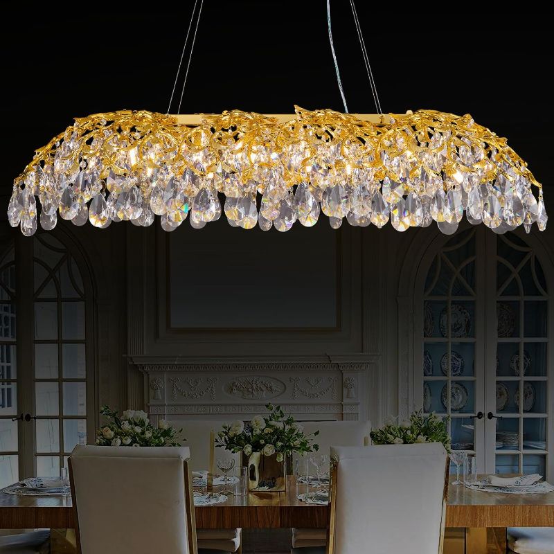 Photo 1 of Gold Crystal Chandelier, 51'' Modern Chandeliers Tree Branch-Leaf Chandelier Large Rectangular Kitchen Island Hanging Light Fixture for Dining Room, High Ceiling, Foyer
