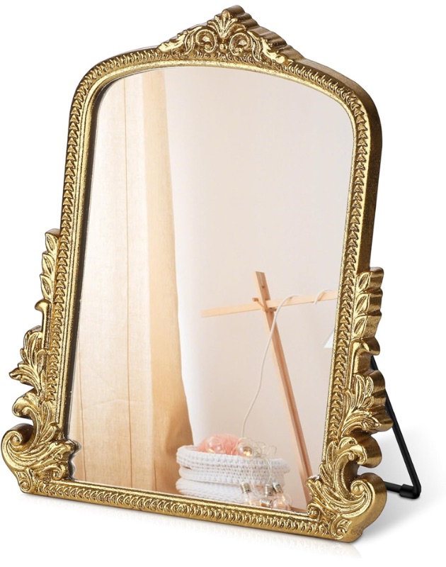 Photo 1 of 
Vintage Makeup Mirror, Vanity Desk Mirror Antique Traditional Tabletop Mirror, Standing, Hang or Wall Mounted, Adjustable Dress-up Mirror, Gold Decor Mirror for Living Room,Bedroom (gold, 11.8*9.6 in)
Amazon's