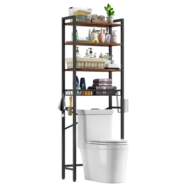 Photo 1 of Biemlerfn Over The Toilet Storage Shelf, 4-Tier Wooden Bathroom Organizer Adjustable Saver Space Rack with Toilet Paper Holder, Brown