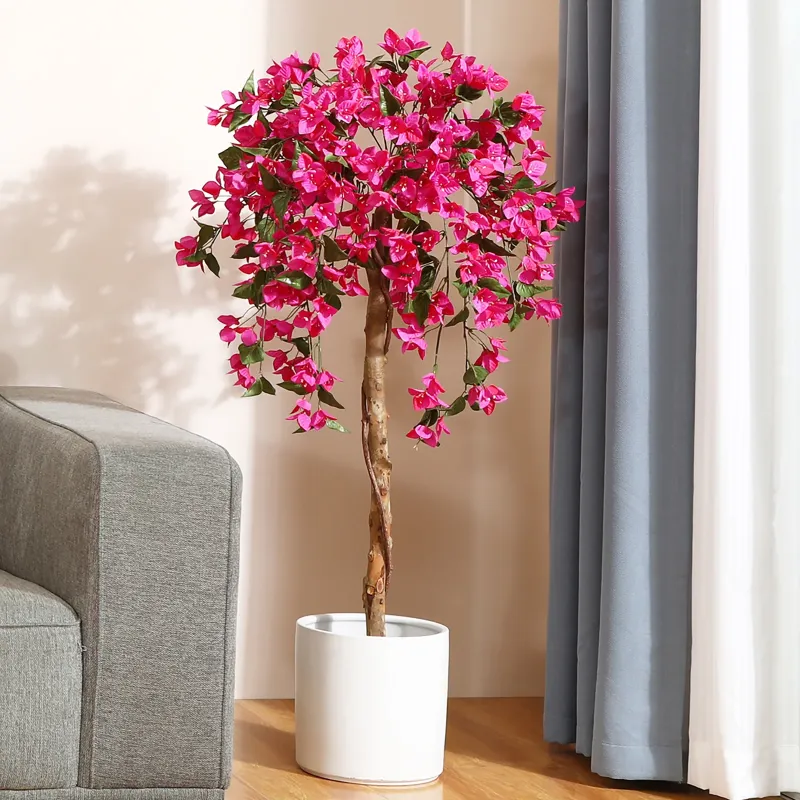 Photo 1 of 4FT Artificial Bougainvillea Flowers Tree, Potted Plants with Wood Trunk and Pink Flowers for Housewarming Gift, DR.Planzen, 8 lb