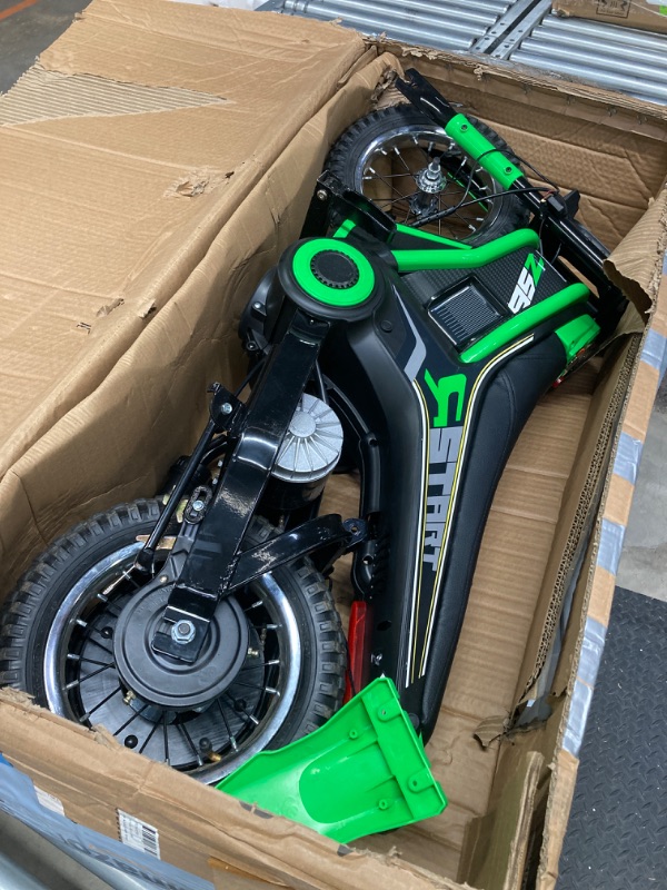 Photo 1 of ***BATTERY WILL NOT HOLD A CHARGE*** ELEMARA Electric Motorcycle, 350W Eelectric Dirt Bike for Kids, 15.5 mph & 150lb Max, w/Music & Bluetooth, Chain-Driven Motor,Twist-Grip Throttle & Hand-Operated Rear Brake,12" Air-Filled Tires-Green