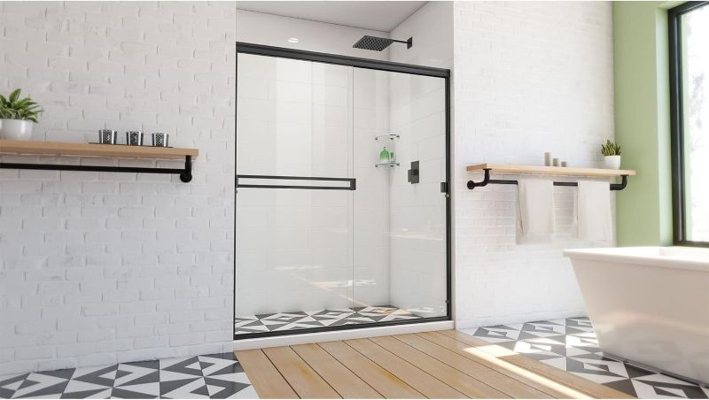 Photo 1 of DreamLine Alliance Pro BG 56-60 in. W x 70 3/8 in. H Semi-Frameless Sliding Shower Door in Matte Black and Clear Glass
