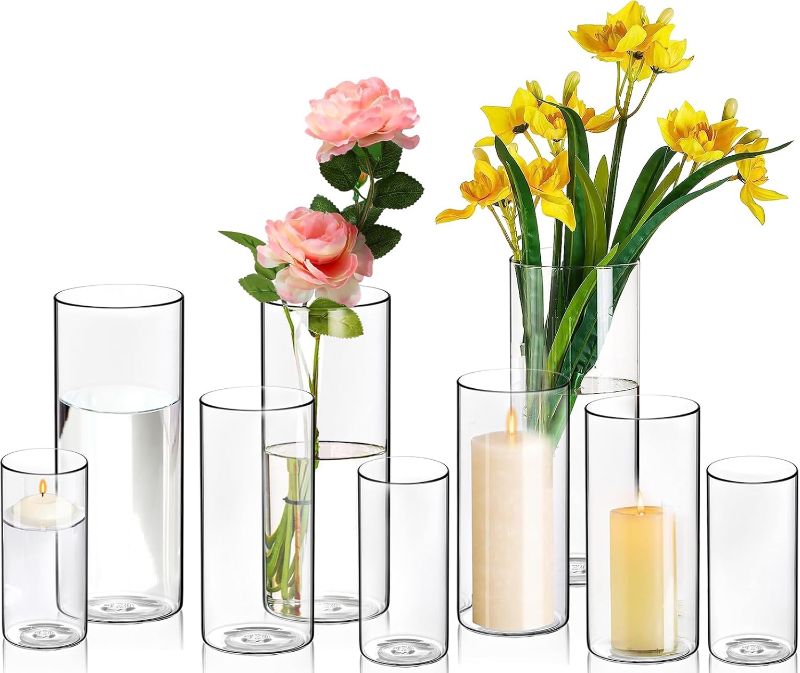 Photo 1 of 9 Pcs Glass Cylinder Vases Clear Glass Flowers Vase Decorative Floating Candles Holders Table Centerpieces for Wedding Party, Event, Home Office Decor (2.5 x 5 in,2.5 x 6 in,2.5 x 8 in)