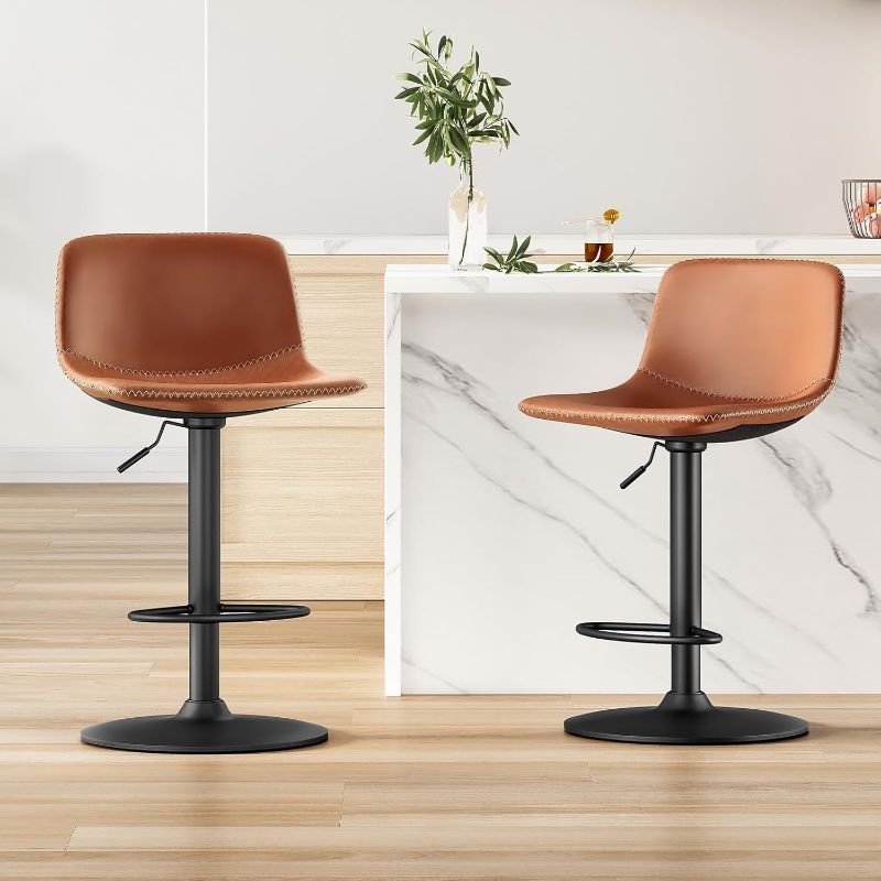 Photo 1 of Adjustable Bar Stools Set of 2, Mid Century Modern Swivel Bar Stools, Industrial Bar Height Stools with Back Support Counter Height Bar Chairs Pu Leather Bar Stool for Kitchen Island Rustic Barstools