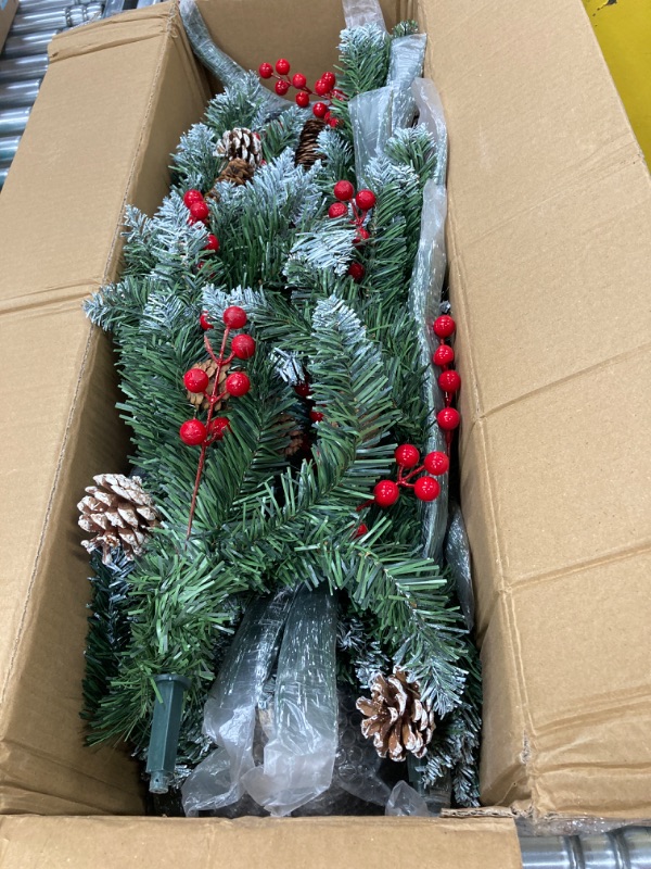 Photo 2 of 7FT Fiber Optic Christmas Tree with 18cm Top Star, Artificial Flocked Christmas Pine Tree with 226 Mixed Branch Tips & 33*White House & 32*Red Berry and Big Pinecone String for Indoor Outdoor