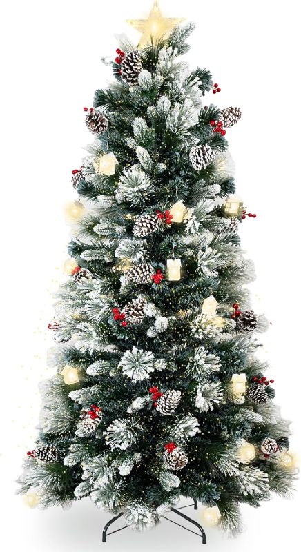 Photo 1 of 7FT Fiber Optic Christmas Tree with 18cm Top Star, Artificial Flocked Christmas Pine Tree with 226 Mixed Branch Tips & 33*White House & 32*Red Berry and Big Pinecone String for Indoor Outdoor