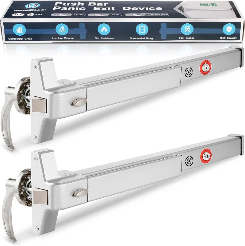 Photo 1 of IRONWALLS 2 Packs Commercial Door Push Bar Panic Exit Device with Alarm, 27.5” Stainless Steel Panic Bars for Exit Doors, Panic Bar Emergency Door Hardware with Exterior Handle, Fit for 27”-41” Doors