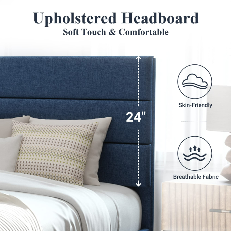 Photo 1 of Allewie Queen Size Platform Bed Frame with Fabric Upholstered Headboard, No Box Spring Needed, Navy Blue

