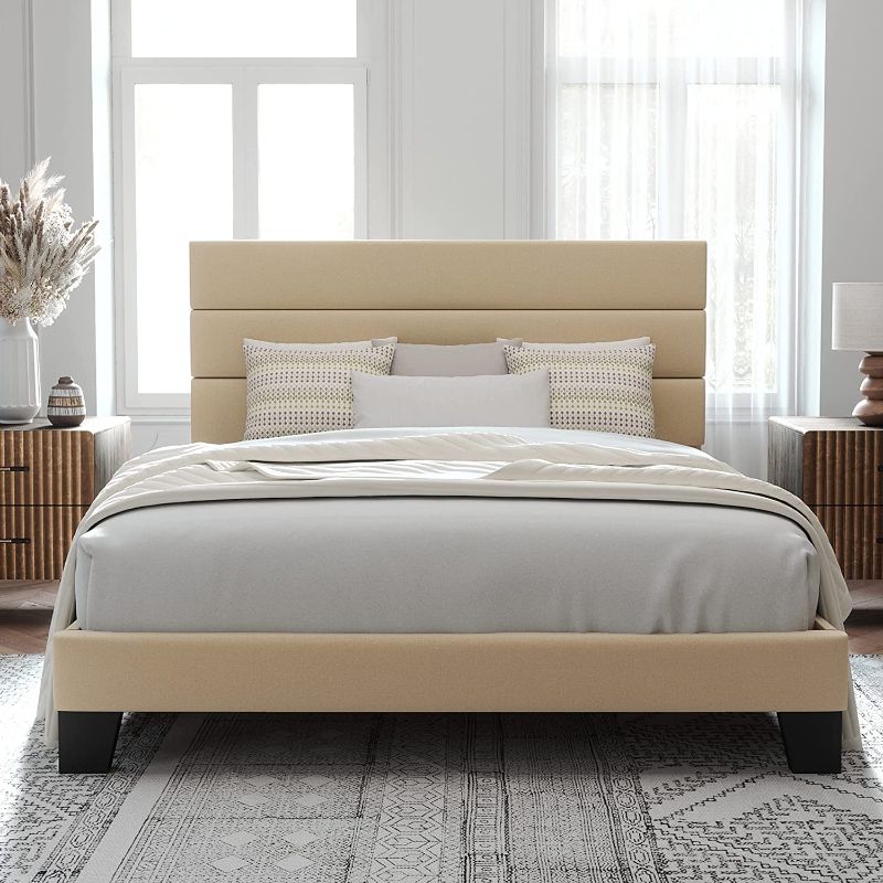 Photo 1 of Allewie Queen Size Platform Bed Frame with Fabric Headboard/Fully Upholstered Mattress Foundation, No Box Spring Needed, Beige
