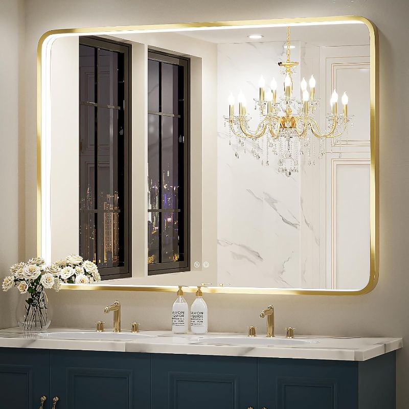 Photo 1 of 48X36 Inch LED Bathroom Mirror,Wall Mounted Lighted Vanity Mirrors with Non-Rusting Gold Metal Frame Anti-Fog Memory Funtion Stepless Dimmable(Horizontal/Vertical)
