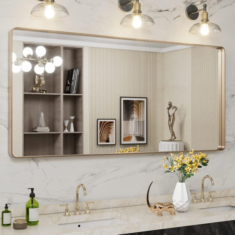 Photo 1 of 60”X28” Gold Bathroom Mirror, Rounded Rectangle Gold Frame Mirror, Brushed Gold Bathroom Vanity Mirror Wall-Mounted, Anti-Rust, Tempered Glass, Hangs Horizontally or Vertically