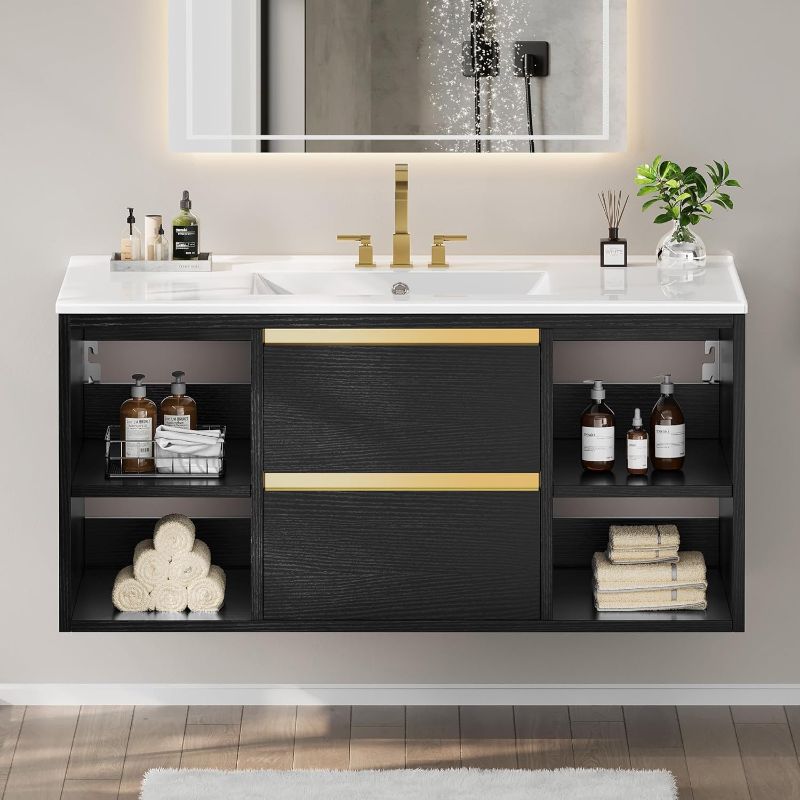 Photo 1 of DWVO 36 Inch Floating Bathroom Vanity with Three Holes Sink, Wall Mounted Cabinet with 2 Drawers & 4 Open Storage, Undermount Ceramic Basin
