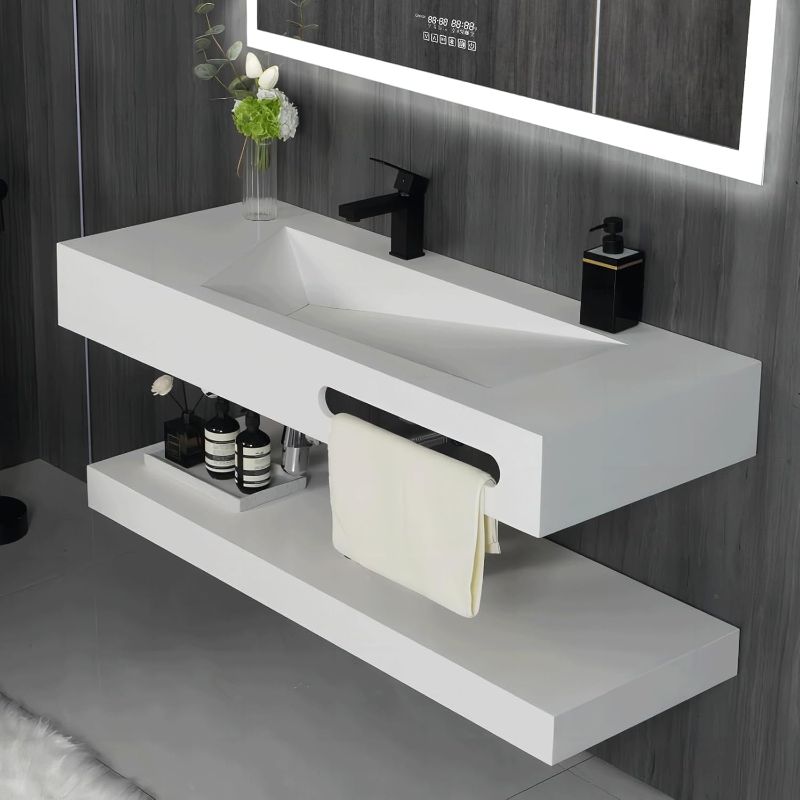 Photo 1 of 48"x19" Wall-Mount Stone Resin Bathroom Sink Rectangular Vessel Sinks for Bathroom Floating Vanity Sink Trough Modern Art Basin with Shelf Layer