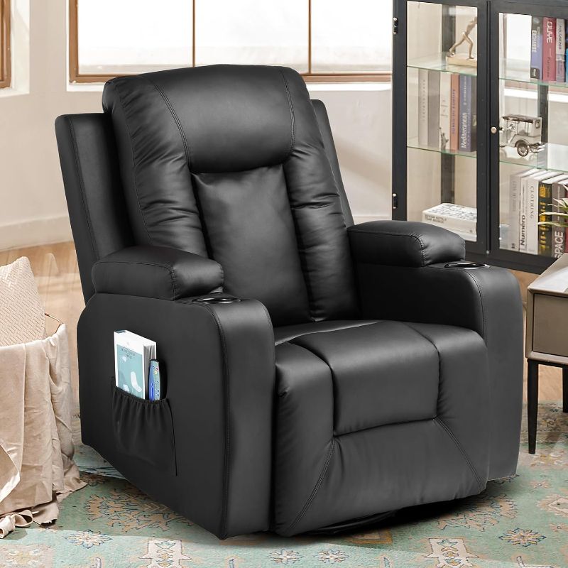 Photo 1 of COMHOMA Recliner Chair, PU Rocking Chair for Adults, Swivel Recliner with Cup Holders, Heat and Massage, Single Sofa Seat with Side Pockets for Living Room, Bedroom (Black)
