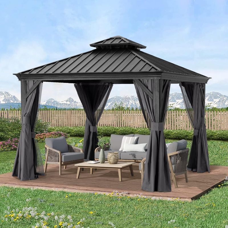 Photo 1 of ABCCANOPY Hardtop Gazebo 10x10 - Outdoor Metal Hard Top Gazebo, Permanent Galvanized Steel Aluminum Framed Pavilion with Netting and Curtain for Patio Backyard Lawn Garden (Double Roof, Gray)