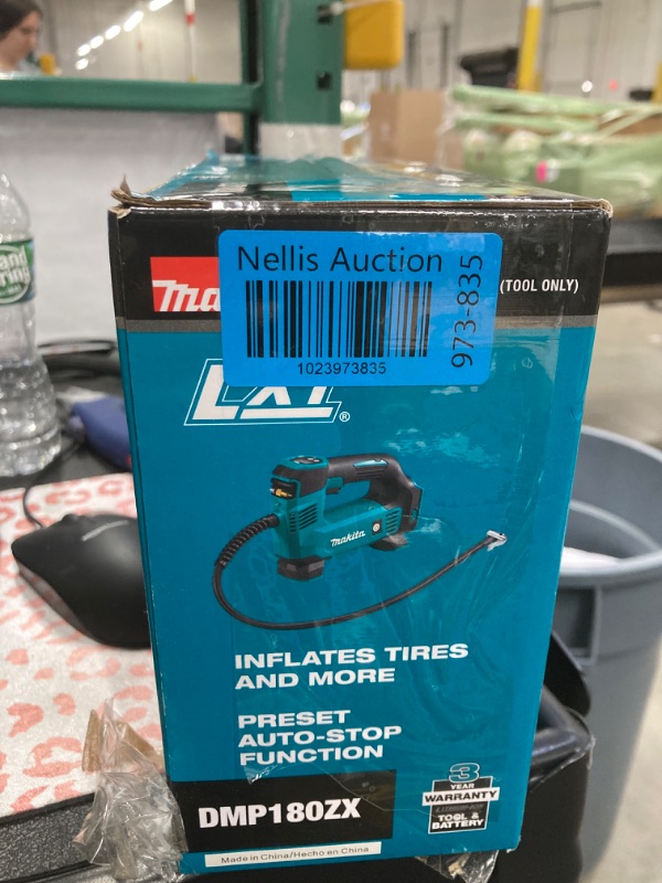 Photo 2 of ***BROKEN FOR PARTS*** Makita DMP180ZX 18V LXT® Lithium-Ion Cordless Inflator, Battery Powered, Tool Only(battery and charger not included);Presta valve adapter;Sports ball needle;Tapered adapter, Teal