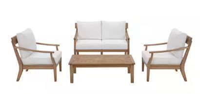 Photo 1 of Hampton Bay Woodford 4-Piece Eucalyptus Wood Patio Conversation Set with CushionGuard Bright White Cushions