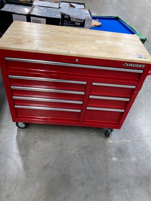 Photo 4 of 42 in. W x 18.1 in. D 8-Drawer Red Mobile Workbench Cabinet with Solid Wood Top
