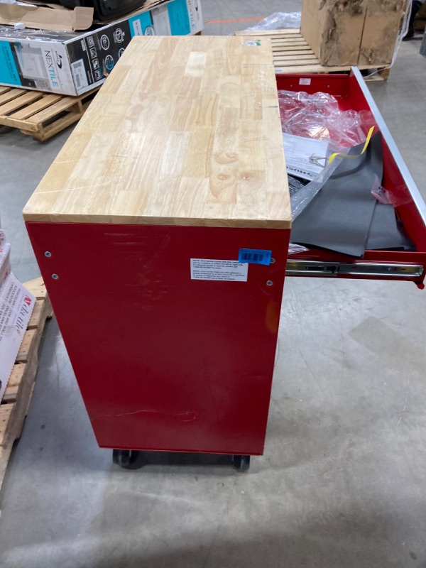 Photo 5 of 42 in. W x 18.1 in. D 8-Drawer Red Mobile Workbench Cabinet with Solid Wood Top
