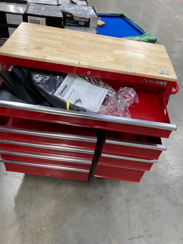 Photo 3 of 42 in. W x 18.1 in. D 8-Drawer Red Mobile Workbench Cabinet with Solid Wood Top
