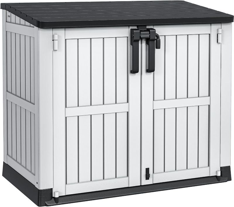 Photo 1 of ****HINGE BROKEN**** YITAHOME 36 cu ft Resin Outdoor Storage Shed, Weather-Resistant Horizontal Tool Shed, Waterproof Outdoor Storage with Lockable Doors & Air Vent for Trash Cans, Garden Tools (Light Gray)