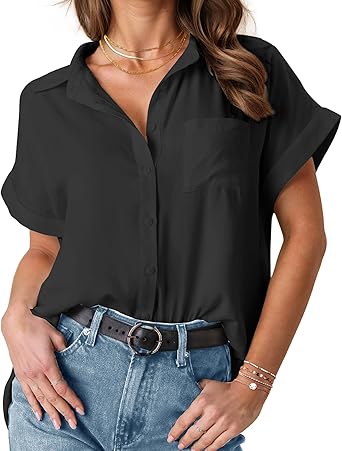 Photo 1 of HOTOUCH Womens Short Sleeve Button Down Shirts Loose Fit V Neck Business Casual Blouses Summer Top with Pockets M
