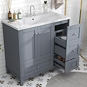 Photo 1 of 36inch Modern Bathroom Vanity with USB Charging,2 Doors and 3 Drawers Bathroom Storage Vanity Cabinet,Easy Assmebly,Small Bathroom Vanity Cabinet with Single Sink(Gray Blue)
