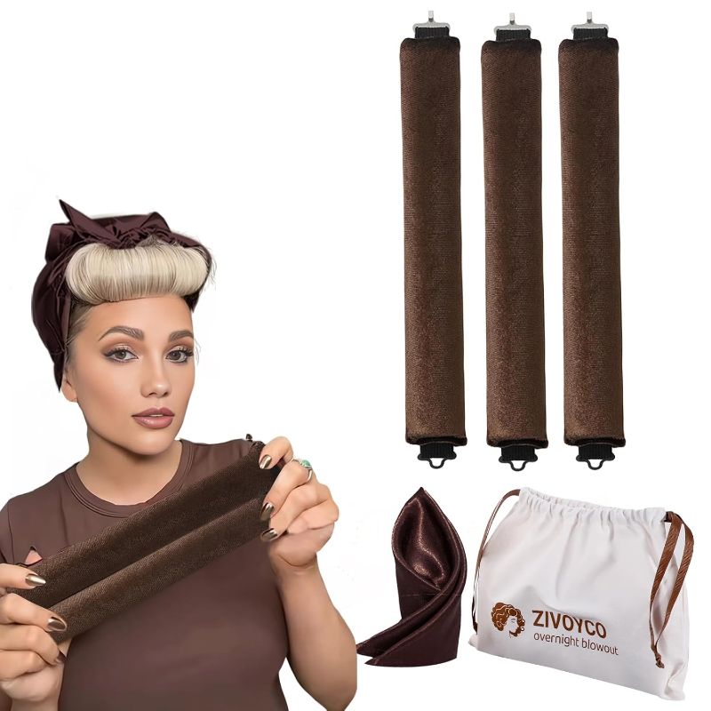 Photo 1 of Heatless Curls Overnight with Luxury Cloth Bag Scarf, Overnight Blowout Rods jumbo,Heatless Curling Rod Headband to Sleep in No Heat Curling Headband with Hook for All Hair Types (Brown Rods Scarf)
