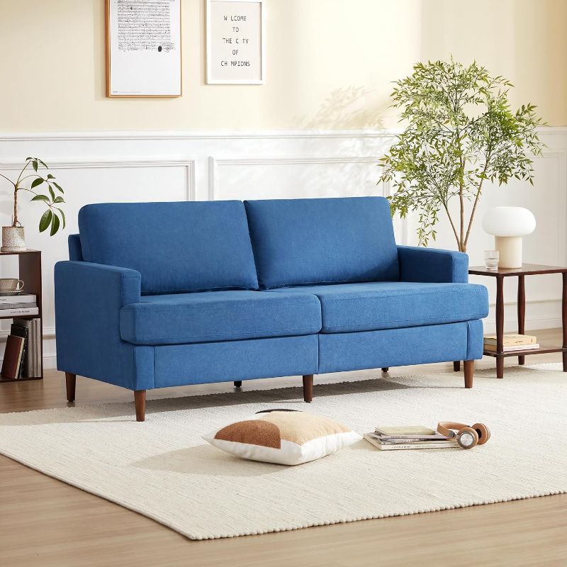 Photo 2 of 69”W Mid Century Modern Loveseat Sofa, 2 Seater Love Seat Couches for Living Room, Small Sofa Couch Linen Fabric for Bedroom, Solid Wood Frame, Blue
