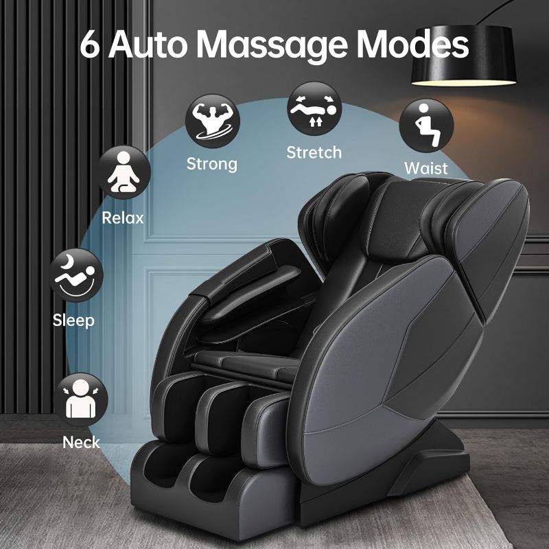 Photo 3 of 2024 Massage Chair Full Body, Zero Gravity Recliner with Shiatsu Massage, 6 Auto Mode, Heater, Bluetooth, Foot Massage Rollers, Black and Gray
