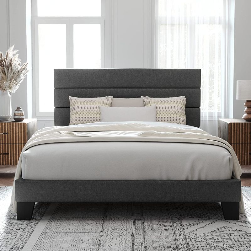 Photo 1 of Allewie Queen Size Platform Bed Frame with Fabric Upholstered Headboard, No Box Spring Needed, Dark Grey
