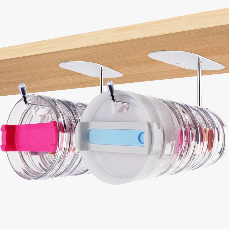 Photo 1 of 2 Pack Tumbler Lid Organizer, Space-Saving Under Cabinet Cup Lid Organizers, Extended Design for Storing up to 8 Cup Lids, Self-Adhesive or Drilling Tumbler Lid Hook for Kitchen Organizers and Storage Sliver-Long