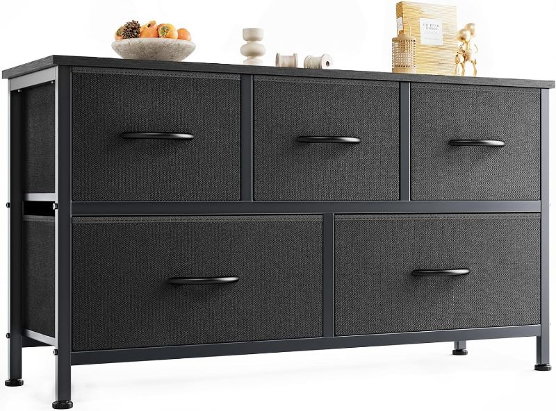 Photo 1 of  Dresser, Storage with 5 Organizer Closet Chest Small Clothes Fabric Cabinet, Kids Furniture Drawer Binis, Nightstand for Bedroom, Living Room, Nursery, Entryway, Matte Black