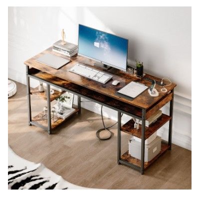 Photo 1 of 48 inch Simple Design Computer Desk with Charging Station, Modern Office Desk with Shelves, Vintage

***New