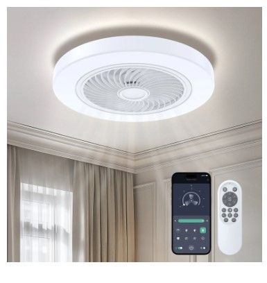 Photo 1 of BLITZWILL 21'' Ceiling Fan with Light, 6-Speed Reversible, Dimmable LED Timing with Remote & APP Control, Modern Bladeless Flush Mount Ceiling Fan, White

***New, factory sealed.