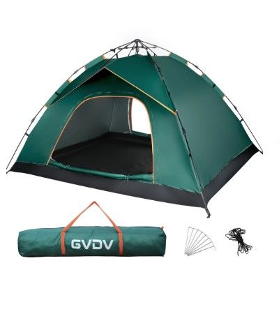 Photo 1 of 4 Person Camping Tent, GVDV Instant Easy Pop up Tents for Camping Family, 110" x 87" x 51", Green

***new