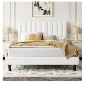 Photo 1 of Allewie Full Size Velvet Upholstered Bed Frame with Vertical Channel Tufted Headboard, White

**New, factory sealed.