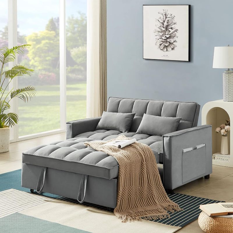 Photo 1 of 3 in 1 Convertible Sleeper Sofa Bed, Modern Velvet Loveseat Futon Couch w/Pullout Bed, Small Love Seat Lounge Sofa w/Reclining Backrest, Toss Pillows, Pockets, Furniture for Living Room, Grey

***New, factory sealed.