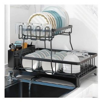 Photo 1 of  Dish Drying Rack for Kitchen Counter with Drainboard, Detachable Stainless Steel 2 Tier Large Dish Racks Drainer Sink Organizer with Utensils Holder and Cup Holder, Black

**new, factory sealed.