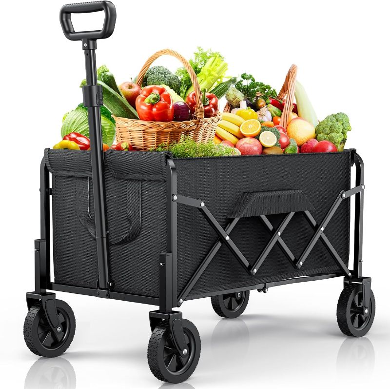 Photo 1 of Collapsible Wagon with Wheels, Foldable Wagon Carts with 200lbs Load Capacity, Dog Wagon, Utility Wagon, All-Terrain Shopping Cart for Groceries, Sports, Camping, Garden, Fishing, Black
