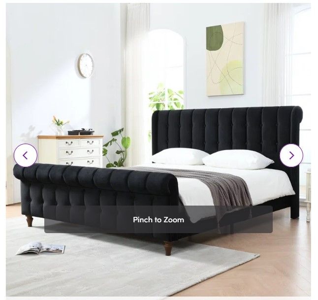 Photo 1 of Luxurious Comfort King Size Sleigh Bed - Modern meets luxury with this sleigh bed, featuring stylish rolled headboard and footboard with elegant button detailing. Upholstered in high-quality velvet fabric, this bed frame offers a chic addition to any bedr