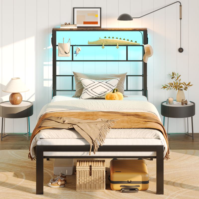 Photo 1 of Bestier Twin Size Bed Frame with 49.2" High LED Storage Headboard Shelf, Metal Platform Bed, Black


**new, factory sealed.