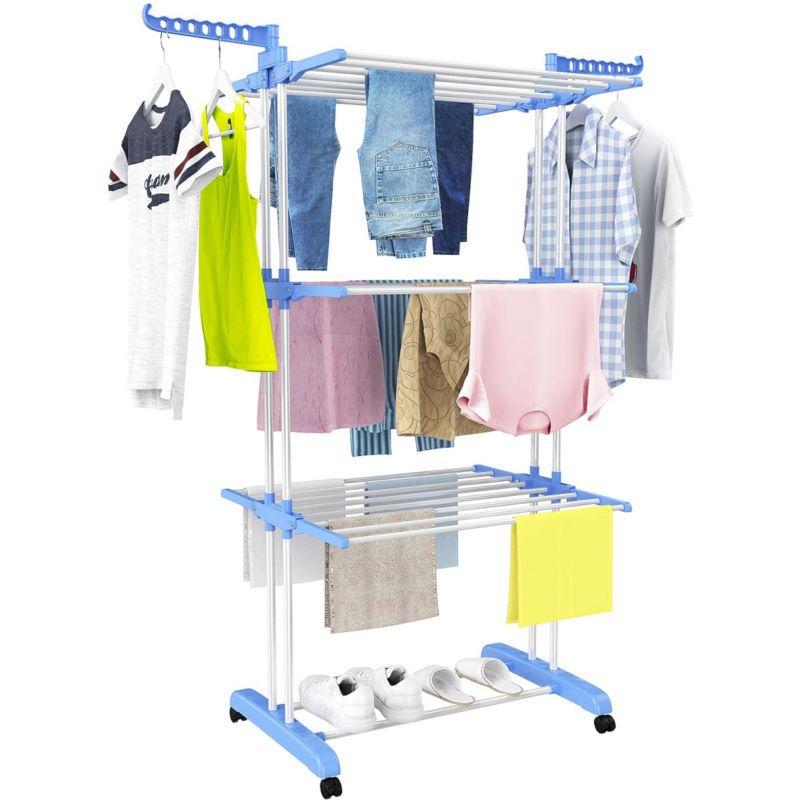 Photo 1 of (*** CRUSHED POLE***) Baokaler Clothes Drying Rack, 4-Tier Foldable Drying Rack for Clothes, Portable Laundry Rack with Wheels Indoor Outdoor Freestanding, Blue