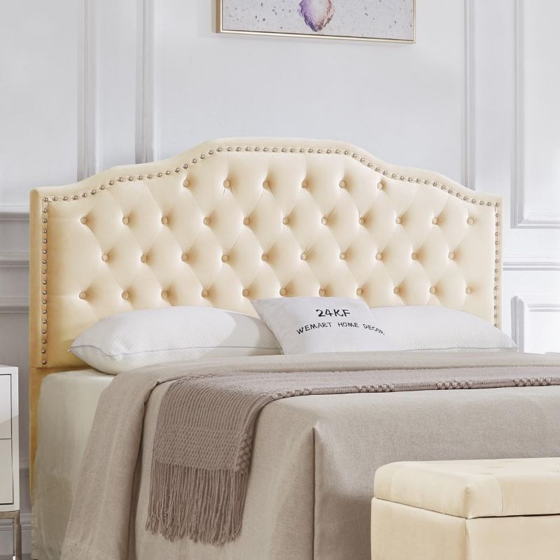 Photo 1 of 24KF Upholstered Button Tufted Queen Headboard with Nailhead Trim, Soft Velvet Fabric Headboard Queen/Full 6031-Q-Cream