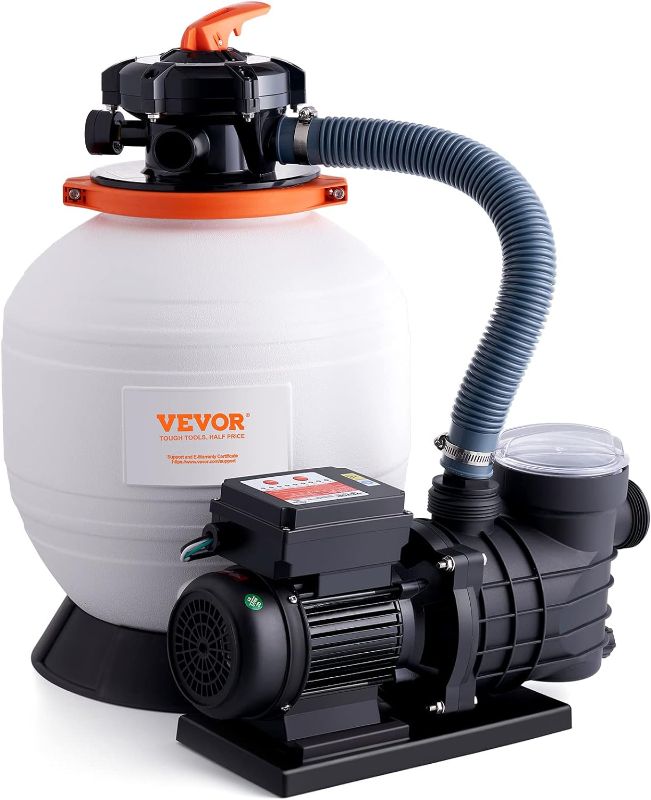 Photo 1 of ***FOR PARTS, PUMP MOTOR BROKEN*** VEVOR Sand Filter Ground 16-inch, 3500 GPH, 1 HP Swimming Pumps System & Filters Combo Set with 6-Way Multi-Port Valve and Strainer Basket, for Domestic and Commercial Pools, White